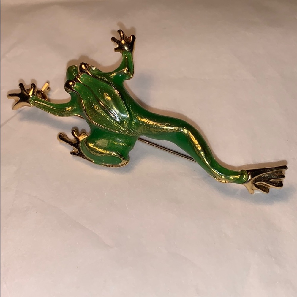 Enamel leaping frog brooch EC beautiful unique